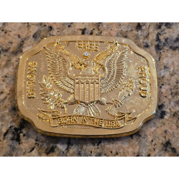 Vintage Brass Belt Buckle "Born In The USA" Strong Free & Proud Eagle Design - Picture 1 of 10